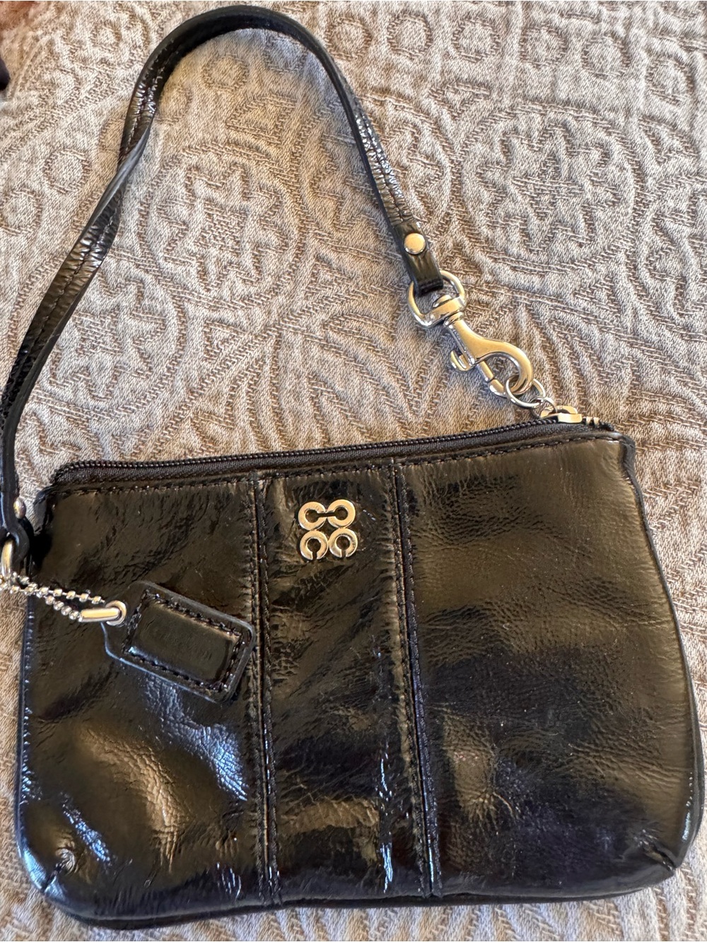Coach Black Patent Leather Wristlet with Silver Accents